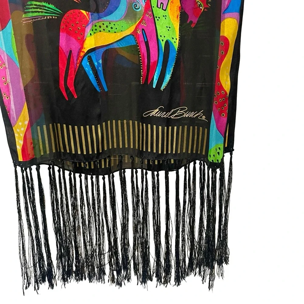 Laurel Burch Silk Scarf Black Multicolored Horse Print Fringe 52